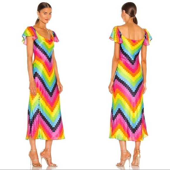 Olivia Rubin Amelia Silk Midi Dress in Rainbow Chevron size US2 - Picture 3 of 12